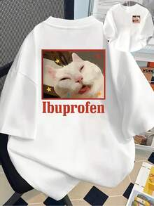 New Short-Sleeved T-Shirt, 180g, % Cotton, With Front And Back Prints - Cat Expressions, Cartoon Illustrations - Fashionable Printed T-Shirt For Women, Spring/Summer, Suitable For All Seasons,  Clothing - Can Be Worn As A Base Layer In Spring And Autumn Or Alone In Summer, Unisex. - 白色 - 查看 1