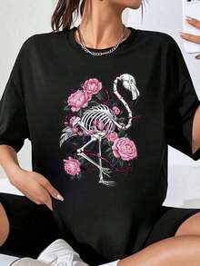Women's Oversized T-Shirt With Flamingo Skeleton Graphic And Pink Roses, Boho Gothic Style, Urban Fashion, Loose Fit Casual Top - Black - View 1