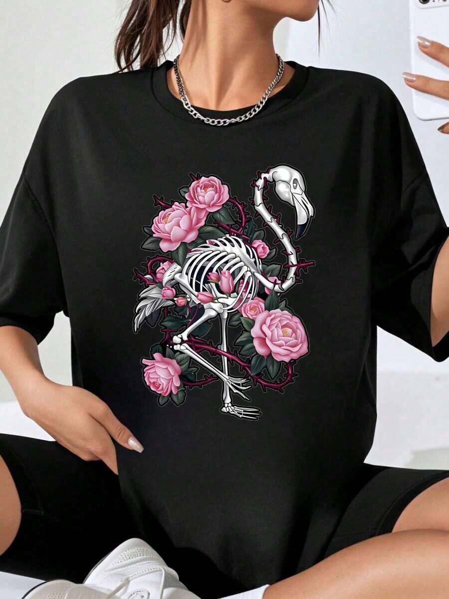 Women's Oversized T-Shirt With Flamingo Skeleton Graphic And Pink Roses, Boho Gothic Style, Urban Fashion, Loose Fit Casual Top - Black - View 1