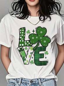Mexican Women's Crew Neck T-Shirt With Shamrock Print And Text, Short Sleeve, For St. Patrick's Day Celebration, Party Wear, Summer Fashion Cotton T-Shirt - 白色 - 查看 7