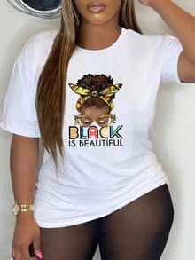 Women's Cotton Crew Neck Casual T-Shirt. A Plus-Size Casual T-Shirt With A Crew Neck And African-Inspired Portrait Print. This Short-Sleeved Women's T-Shirt Is Made Of 100% Polyester, Has Medium Stretch, A Knit Fabric, And A Slim Fit, Making It Suitable For All Seasons. A Simple T-Shirt For Everyday Wear. - 白色 - 查看 1