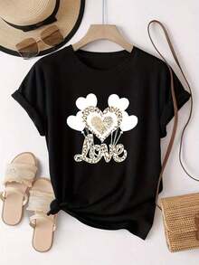 Women's Cotton Crew Neck Casual Graphic Tees: Wild And Soft Coexistence, And Heart-Shaped Balloon Pattern With Leopard Print. Women's Short Sleeve Crew Neck T-Shirt, Modern And Casual, Easy And Versatile For Leisure, Travel, And Vacations. 134191 100% Cotton. Simple T-Shirt For Everyday Wear - 黑色 - 查看 6