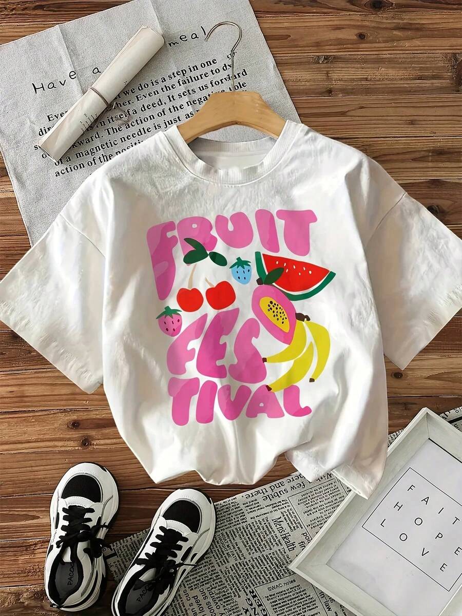 Women's T-Shirt With Fruit Graphic Print, Short Sleeve, Round Neck, Casual, With Vibrant Fruit And Letter Illustrations, Comfortable, Urban Vintage Style, Unisex, Loose Fit, Cotton, Short Sleeve, Round Neck - 白色 - 查看 1