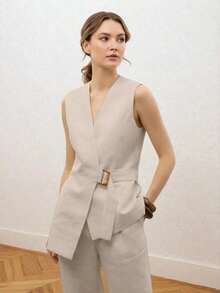 Elegante conjunto de 2 piezas, top sin mangas con cuello en V y cintura anudada, y pantalones anchos de pierna ancha con bolsillos, para primavera - Albaricoque - Ver 3