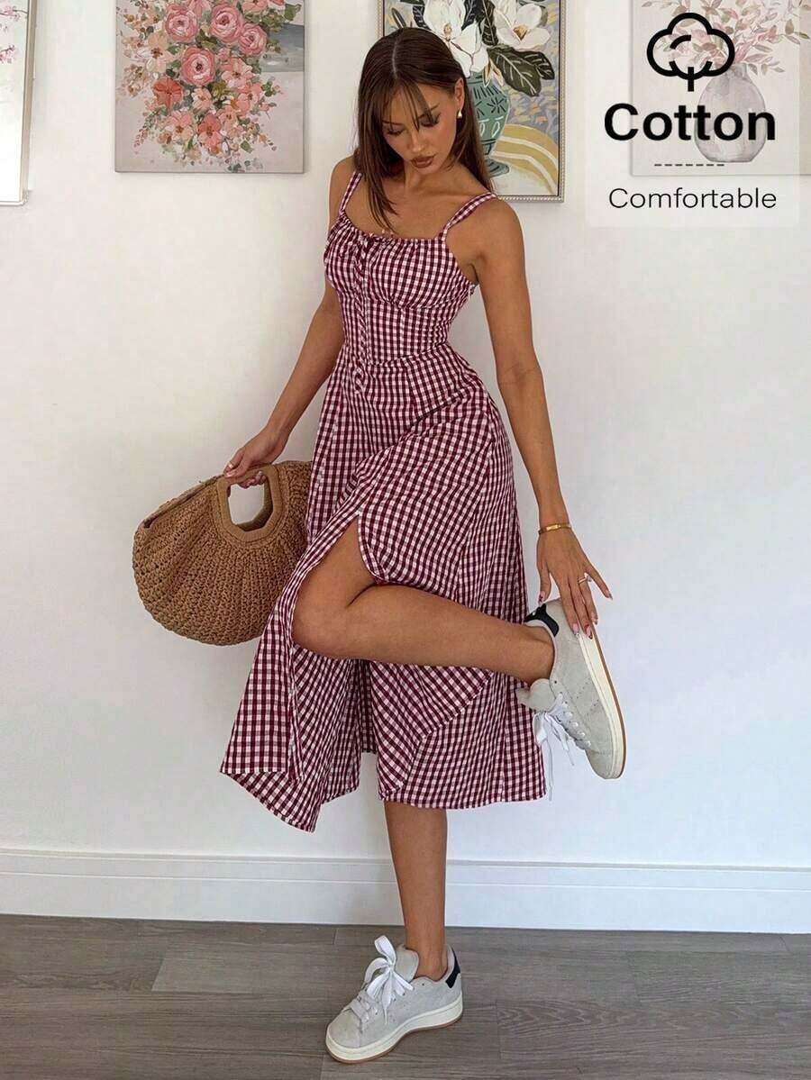 Vestido a media pantorrilla con tirantes a cuadros para mujeres, de moda y apropiado para el verano - Burdeos - Ver 1