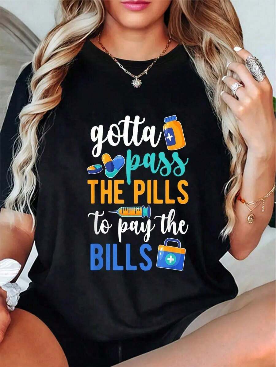 Playera mujer Gotta Pass The Pills Medication Aide Med Aide Camiseta casual de manga corta Casual diario - Negro - Ver 1