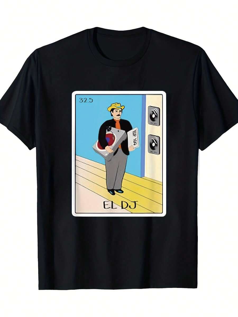 Men's Short Sleeve T-Shirt In Black With DJ Print – Casual Knit Fabric, Regular Fit, All Season Wear, Ideal For Music Enthusiasts, Music Themed Knit T-Shirt - 黑色 - 查看 1