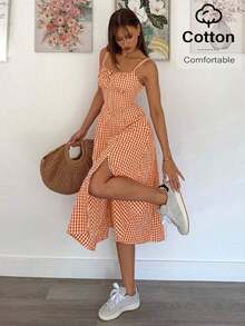 Vestido a media pantorrilla con tirantes a cuadros para mujeres, de moda y apropiado para el verano - Naranja - Ver 7