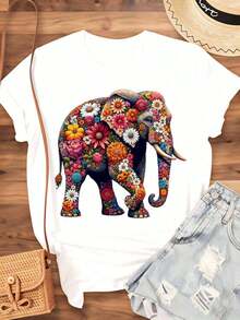 Women's T-Shirt With Elephant Floral Print, Boho Style, Casual Summer Top, Gift For Her, Artistic Animal Design, Fashion T-Shirt, 220g - Urban Vintage Style, Unisex, Loose Fit, Cotton, Short Sleeve, Round Neck, 100% Pure Cotton - 白色 - 查看 4