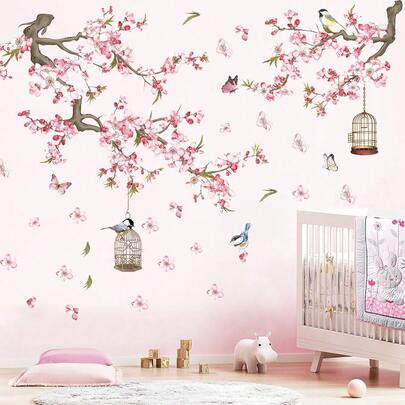 Pegatinas de pared con animales del bosque, flores de cerezo, ramas, ciervos y zorros. Decoración de pared para dormitorio y sala de estar