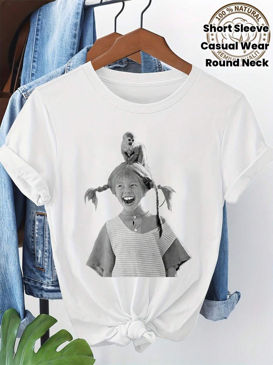 Vintage Double-Tail Monkey Print T-Shirt, Black And White Print, Casual Short-Sleeved Crew Neck Top For Women, Fun Style 4422A - 白色 - 查看 1