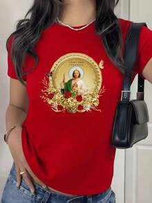 100% Cotton. Representation Of Saint John Surrounded By Golden And Red Flowers Symbolizes Faith, Hope, And Divine Protection With Artistic Details. 100% Cotton Women's T-Shirt, Elegant And Comfortable. Women's Simple Solid Color T-Shirt, Loose And Slim Fit Casual Short Sleeve - 紅色的 - 查看 11