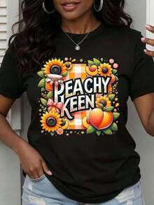 Casual Peachy Keen Sunflower And Peach Graphic T-Shirt For Women Summer Casual Top With Floral Design And Cute Fruit Pattern Fashion Statement ShirtFashion - 黑色 - 查看 7