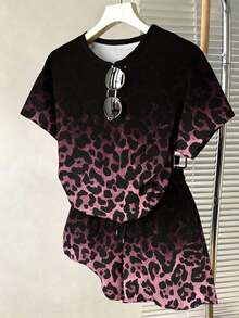 Conjunto casual diario de top de manga corta de cuello redondo de unicolor y shorts con cordón en la cintura para mujer - Rosa 2 - Ver 1