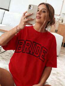 New 2026 Collection: Cotton T-Shirt For Bride, Minimalist T-Shirt For Bride, Wedding, Bachelorette Party, Aesthetic T-Shirt For Bride 3XL, Classic Thick Cotton Short Sleeve Graphic Print T-Shirt For Bachelorette Party, Casual Short Sleeve Top For Women, Short Sleeve Sports T-Shirt. - 紅色 - 查看 10