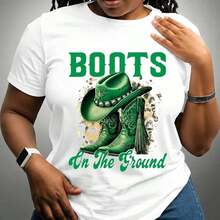 GiftWomen Women's Cotton T-Shirt, Sizes M-5XL, Western Cowboy Boots And Hat Graphic Print, Casual Loose Fit Short Sleeve Green Letter Print T-Shirt For Everyday Wear, Comfortable And Soft Clothing - 白色 - 查看 7
