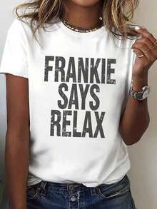 Women's Short-Sleeved T-Shirt, 100% Pure Cotton, Printed With The Band's Classic Slogan 'FRANKIE SAYS RELAX', With A Vintage Distressed Y2K Style Design, Suitable For Streetwear, Music Festivals, Bars, Daily Commutes, Holiday Trips, As Well As Everyday Wear In Spring, Summer And Autumn. - 白色 - 查看 7