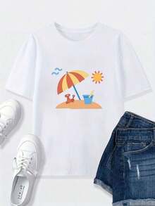 Premium Loose Fit T-Shirt With Colorful Beach Scene Print | White Summer Casual Crew Neck T-Shirt With Prints Of Umbrellas, Buckets, Shovels, Sun And Ocean - Perfect For Beach Lovers And For Summer Wear. Gift Idea. - 白色 - 查看 7