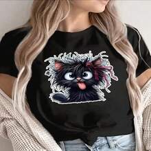 Women's Blouses: 1 Classic And Versatile Piece, Pure Cotton Cropped T-Shirt With Short Sleeves, Suitable For All Seasons, With A Charming Cat Print And Modern Style For Women. - 黑色 - 查看 3
