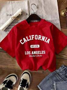 Women's Blouses, T-Shirt, Round Neck, Short Sleeve, Graphic Print, City Names, CALIFORNIA Los Angeles United States, Round Neck, Short Sleeve, Spring/Summer, Everyday Wear, Women's Graphic T-Shirts, Summer 2026, Oversize, - 紅色的 - 查看 4
