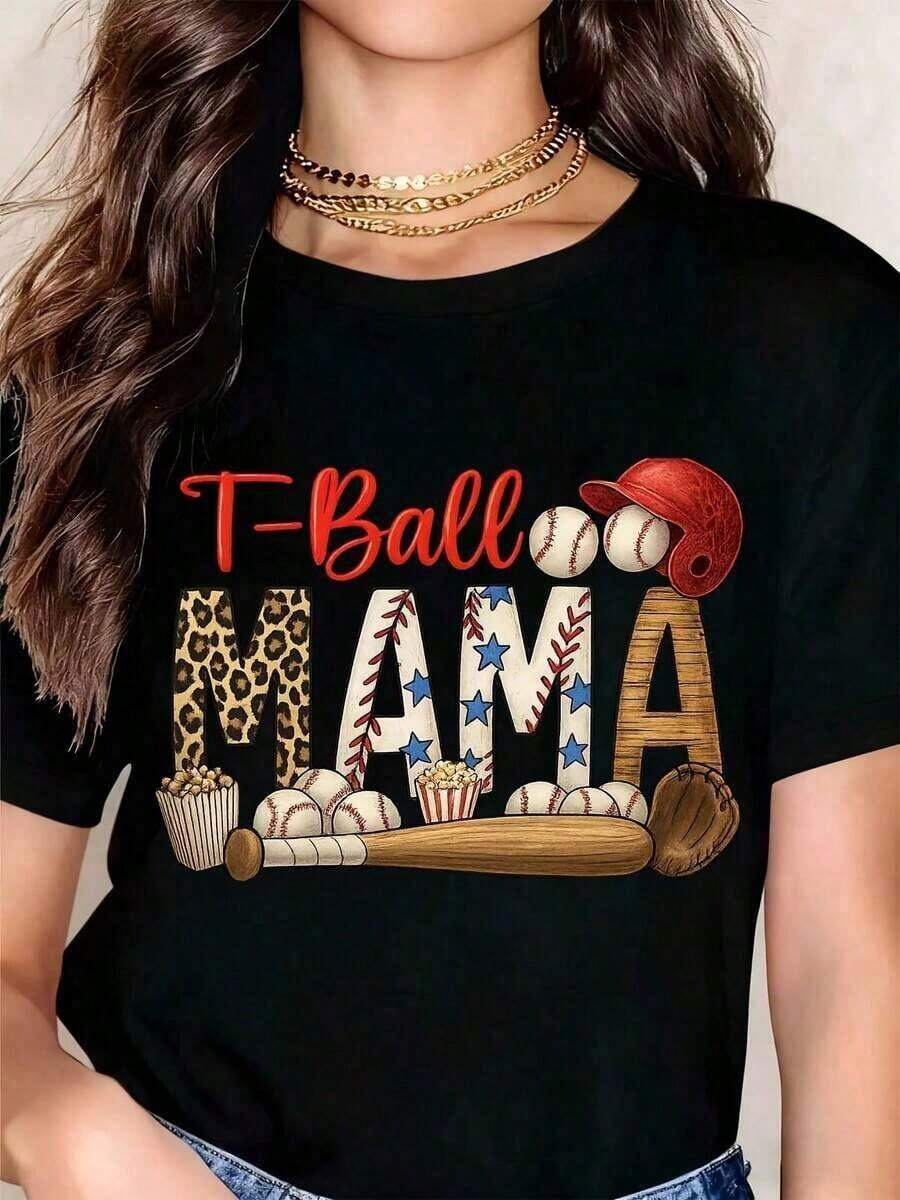 Women's Blouses TBall Mama Women's Baseball T-Shirt, Stars And Leopard Stripes Design, Baseball Graphic Print, Bat And Balls, Casual Top 100% Cotton. - 黑色 - 查看 1