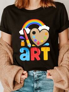 Camiseta de Mujer con Estampado de Lápiz de Artista en Forma de Corazón Arcoíris - Top Casual de Manga Corta y Cuello Redondo, Ropa de Primavera/Verano, Regalo para Artistas y Amantes del Arte, blusas para mujer - Negro - Ver 7