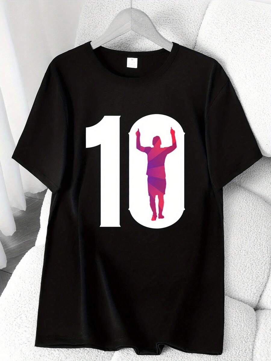 T-Shirt With Soccer Elements And A Number 10 Print. Available In 6 Colors, Short Sleeves, Round Neck, High-Stretch Casual Sports Top. Machine Washable. Suitable For Spring And Summer. Can Be Worn In All Seasons. Women's Clothing. Elegant Party Outfit, T-Shirt For Elegant Ladies, Blouses Suitable For Curvy Women, Casual Wear, Cool And Sweat-Free Summer Wear, Fun Letter Print. - 黑色 - 查看 1