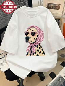 Women's 100% Cool Dalmatian Graphic T-Shirt | Retro Print "Dog With Fashion Glasses And Pink Scarf" Casual Loose Short Sleeve Comfortable Top For Dog Lovers And Everyday Wear - 白色 - 查看 7