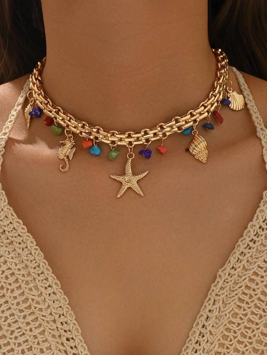 1pc Beach Vacation Style Necklace, Colorful Stone Pendant Seashell Charm, Fashionable Jewelry Suitable For Daily Wear, Summer Vacation, Dates, Parties, Music Festivals. The Size, Shape And Color Arrangement Of The Colorful Stones Are Random And Not Fixed. - Multicolor - View 1