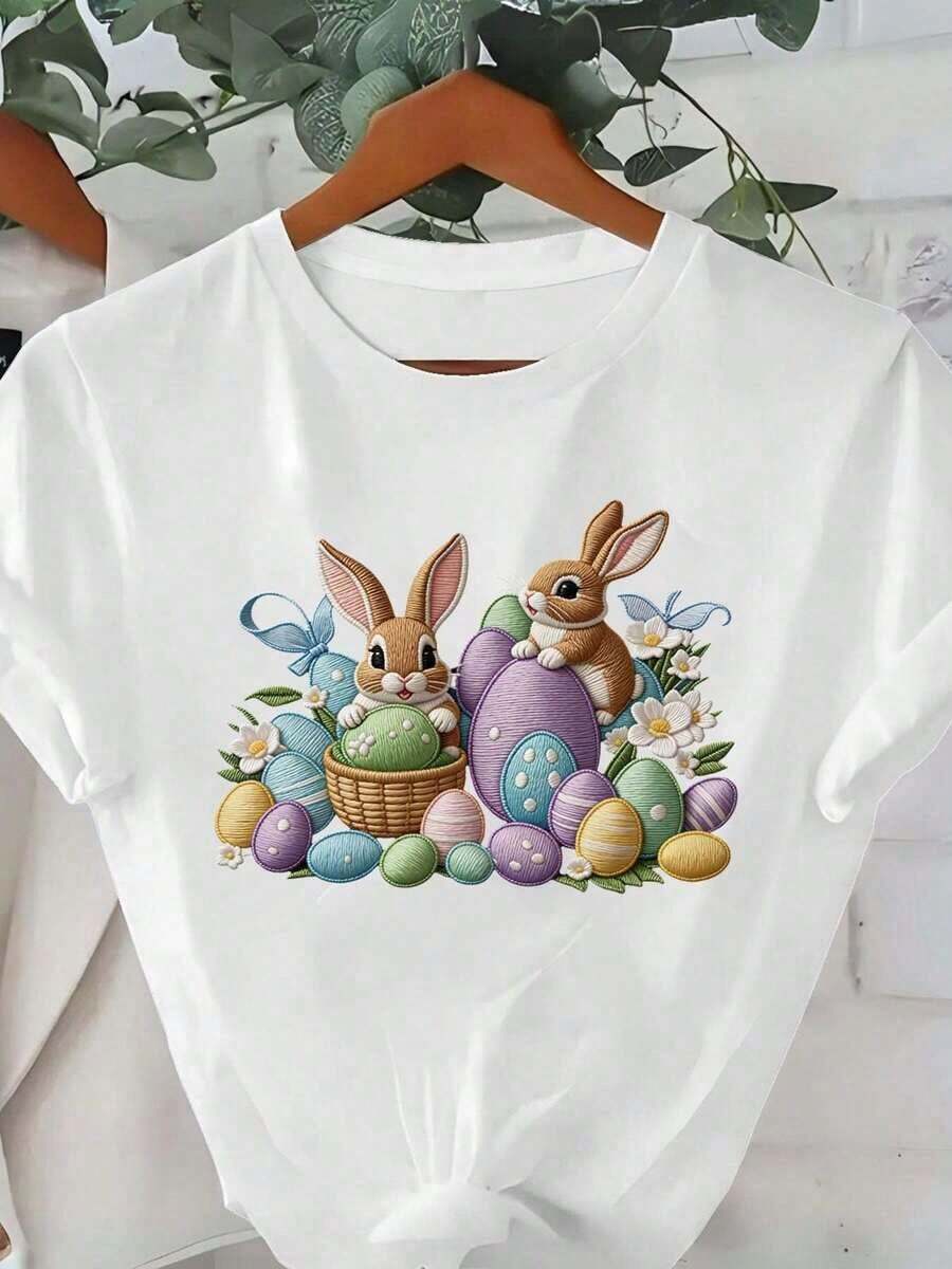 1 Piece Women's T-Shirt With Easter Bunny Embroidery, Colorful Eggs And Spring Flowers, Cotton Style, High Quality Fabric, Soft And Comfortable For Outdoor Use, Home Or Workouts, Perfect Gift Option, 180g 100% Cotton. - 白色 - 查看 1