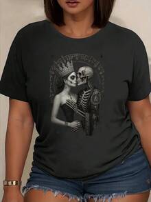 Women's T-Shirt With Vintage Skull Print - Gothic Crown And Starry Sky Design, Round Neck, Short Sleeve, Elastic And Soft, Suitable For Casual Wear In Spring, Summer And Autumn, Comfortable Medium Elasticity Fabric, Modern And Fashionable. - 黑色 - 查看 2