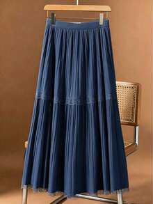 LuminousWealth Women's 2026 Autumn/Winter Elegant Long Skirt - Gentle Style Lace Patchwork Elastic Waist Pleated Hip-Covering Slimming A-Line Cake Skirt, Suitable For Daily, Party, Commute, Outdoor, Women's Halloween Costume, Christmas Outfit - Dark Blue - View 2