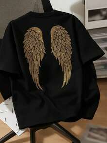 This Women's Bohemian Style Shirt 002 Features A Heat Transfer Design, A Unique Watercolor Blouse, And A Stylish Tee Adorned With A Diamond Angel Wing Print, Ideal For Making A Statement On Any Occasion. - 黑色 - 查看 1