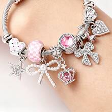 1 pieza Pulsera de lujo con cuentas en forma de corazón, corona, mariposa y estrella, accesorio ajustable y versátil - Pulsera con lazo de corona - Ver 4