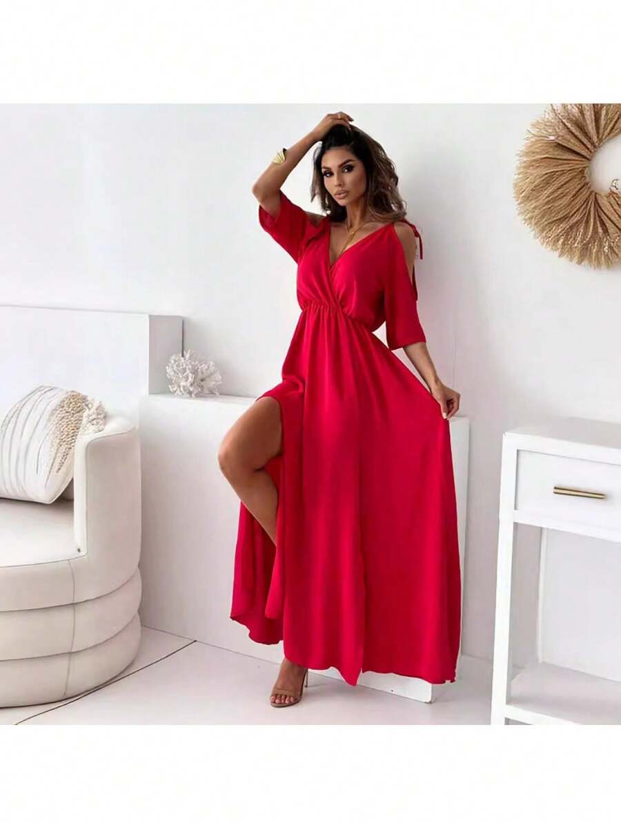 Women's Red Dress With V-Neck, Off-The-Shoulder Lacing, Three-Quarter Sleeves, High Side Slit, Gathered Waist, Flowing Chiffon Fabric, Elegant And Sexy Style Ideal For Summer Vacations, Beach Parties And Formal Evening Events - 紅色 - 查看 1