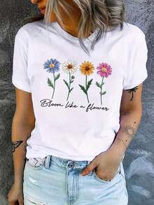 Women's T-Shirt Short Sleeve T-Shirt For Women, Casual T-Shirt With Floral And Letter Print, Round Neck, Comfortable And Soft Fabric, Suitable For All Seasons. - 白色 - 查看 6