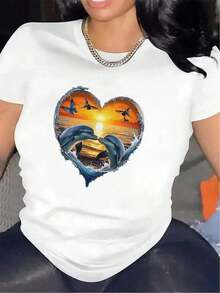 1 Piece Fashion Casual For Men And Women Short Sleeve T-Shirt With Sunset Design And Dolphin Heart | Lightweight, Durable, Comfortable For Casual Wear At Home Or In A Restaurant, Crew Neck, Medium Stretch Fabric, Suitable For All Seasons. Versatile, Easy To Match, Ideal For Everyday Wear, Street Style, Vacation Outfits, Weekend Outfits. - 白色的 - 查看 7