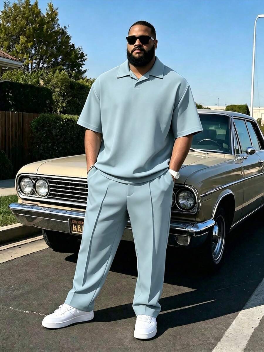 Plus Size Men's Set, Summer Short Sleeve Top And Pants 2-Piece Set, Plus Size Men's Solid Color T-Shirt Set - Baby Blue - View 1