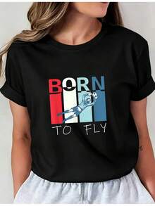 Born To Fly Women's Printed T-Shirt - Casual Short Sleeve Crew Neck T-Shirt In Black, Relaxed Fit For All Seasons, Perfect For Everyday Wear And Holiday Outfits (Machine Washable) Paired With Grey Sweatpants. - 黑色 - 查看 6