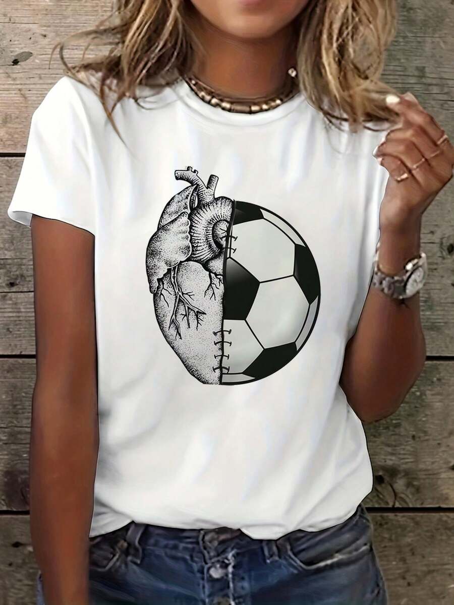 Women's Casual Sports T-Shirt With Heart And Soccer Ball Graphic Design - Elastic Round Neck T-Shirt, Machine Washable, Comfortable Fit For All Seasons, For Sports Lovers And Everyday Style. - 白色 - 查看 1