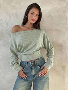 Top de manga larga asimétrico de hombro de punto de color albaricoque para mujer, otoño/invierno - Verde - Ver 1