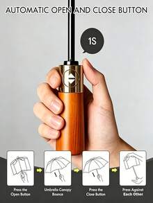 1pc Automatic Open & Close Heavy Duty Windproof Umbrella, High-End Solid Wood Handle, High Strength UV Protection Business Umbrella, Outdoor Automatic Folding Travel Umbrella, UPF50+ Alloy Ribs Wind-Resistant, Women's Umbrella, Outdoor With Umbrella Storage Bag, Unisex, Back To School Season, Gift, Daily Essential, Rainy Season Essential - A - View 3