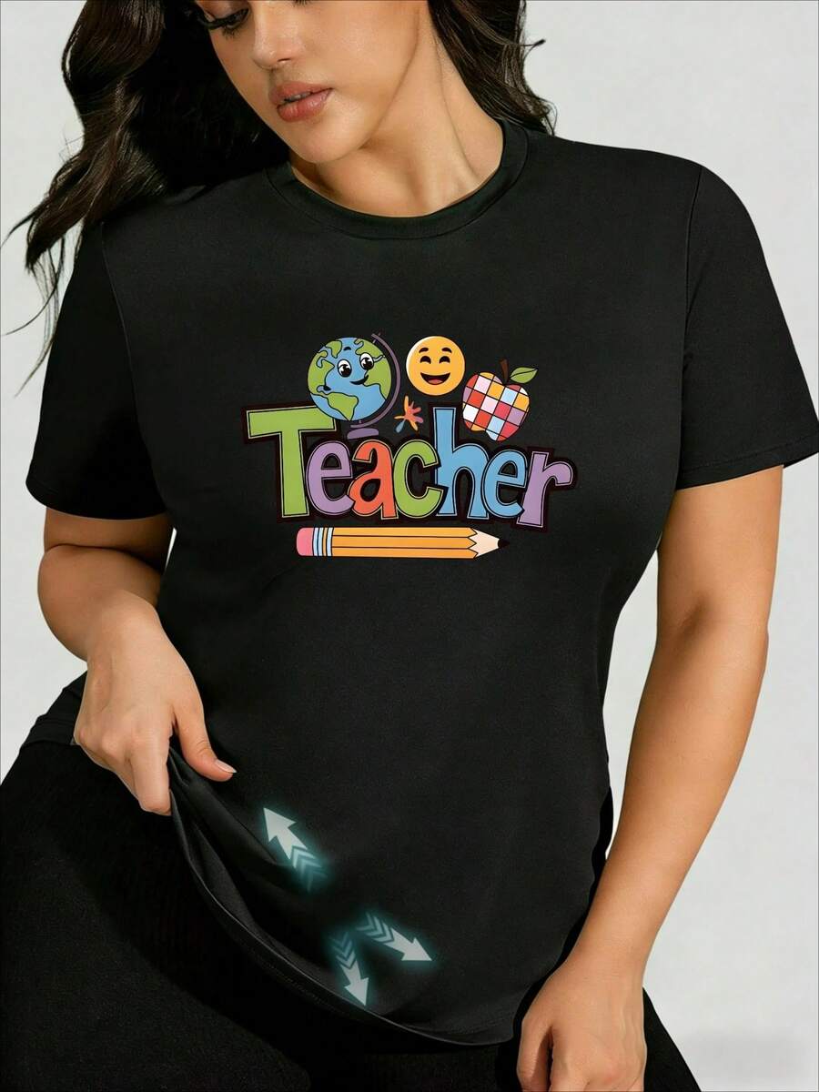 Women's T-Shirts In Pure Cotton, Short Sleeve, Round Neck, Colorful Teacher Print With School Elements, Casual Style For Summer, Ideal For Teachers - 黑色 - 查看 1