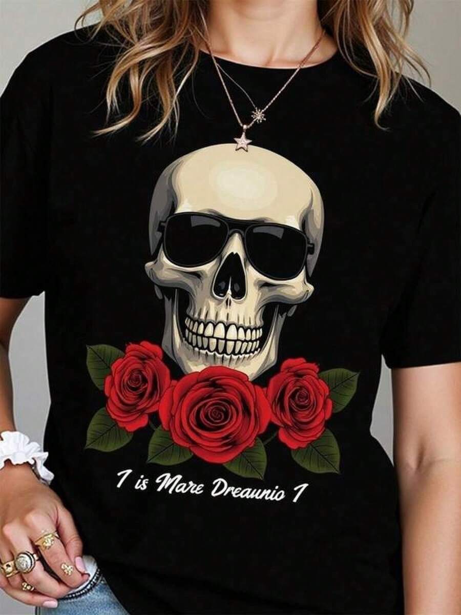 2026 new Camisetas Para Mujer Camiseta negra estampada con rosas rojas - Diseño moderno con estilo único - Tela suave de alta calidad - Perfecta para cualquier ocasión casual - Disponible en varios tamaños - Prenda de moda juvenil -  en ropa de mujer. - Negro - Ver 1