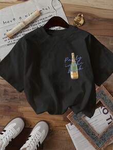 | Exquisite Design | Loose And Comfortable | Easy To Match | [Double-Sided Print] Women's Summer Casual T-Shirt, Hand-Painted Style, Wine Bottle And Text Print, "Party In The" Print, Round Neck, Pure Cotton Short Sleeve T-Shirt - 黑色 - 查看 2