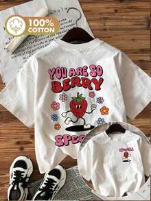 | Exquisite Design | Loose And Comfortable | Easy To Match | [Double-Sided Print] Women's Spring/Summer T-Shirt, Cartoon Style, Strawberry, "YOU ARE SO" Print, Pure Cotton, Casual Daily Wear, Short Sleeve, Round Neck, Women's T-Shirt - 白色 - 查看 7