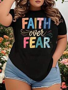 Women's Plus-Size "Faith Over Fear" Inspirational T-Shirt With A Motivational Graphic Design And Colorful Typography. A T-Shirt With A Message Of Faith And Courage, Perfect For Everyday Wear Or A Great Summer Outfit Idea. - 黑色 - 查看 7