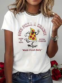 Camiseta de Verano Premium para Mujer con Estampado Divertido de Skateboard y Pizza, Temática de Comida, Manga Corta, Cuello Redondo, Versátil y Casual. - Blanco - Ver 7