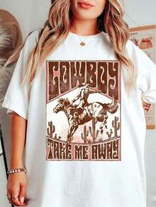 Women's Clothing, Western Rodeo Print, "Cowboy Take Me Away" Design, Vintage Style, Casual Short Sleeve T-Shirt, 100% Cotton 220g For Curvy Women, Graphic Tees For Women, Tops, Summer Sets, Suitable As A Gift. Women's T-Shirt. Elegant Blouses. Boho Chic. Soft, Breathable, And Comfortable Women's Top, Ideal For Spring, Summer, And Autumn, Perfect For Vacations, Travel, And Everyday Wear. - 白色 - 查看 1
