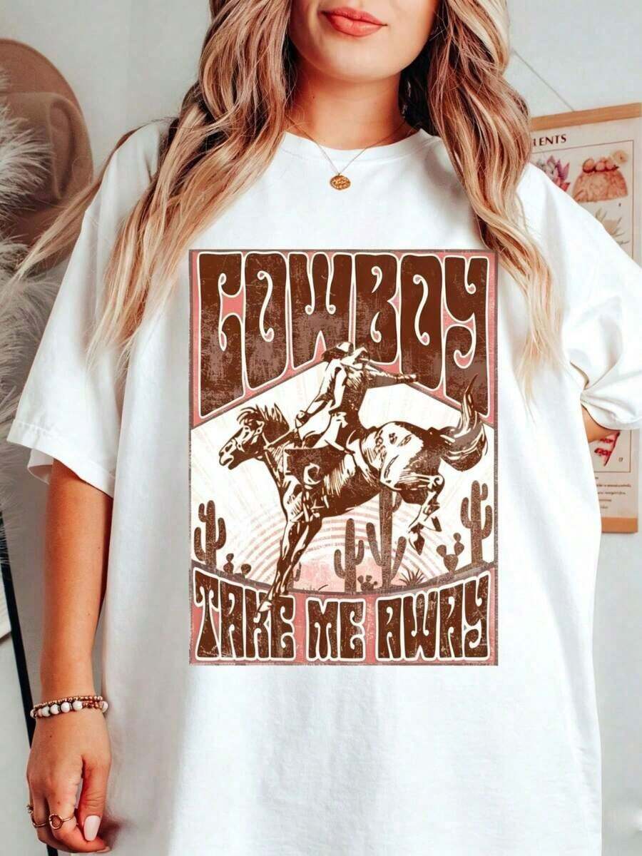 Women's Clothing, Western Rodeo Print, "Cowboy Take Me Away" Design, Vintage Style, Casual Short Sleeve T-Shirt, 100% Cotton 220g For Curvy Women, Graphic Tees For Women, Tops, Summer Sets, Suitable As A Gift. Women's T-Shirt. Elegant Blouses. Boho Chic. Soft, Breathable, And Comfortable Women's Top, Ideal For Spring, Summer, And Autumn, Perfect For Vacations, Travel, And Everyday Wear. - 白色 - 查看 1
